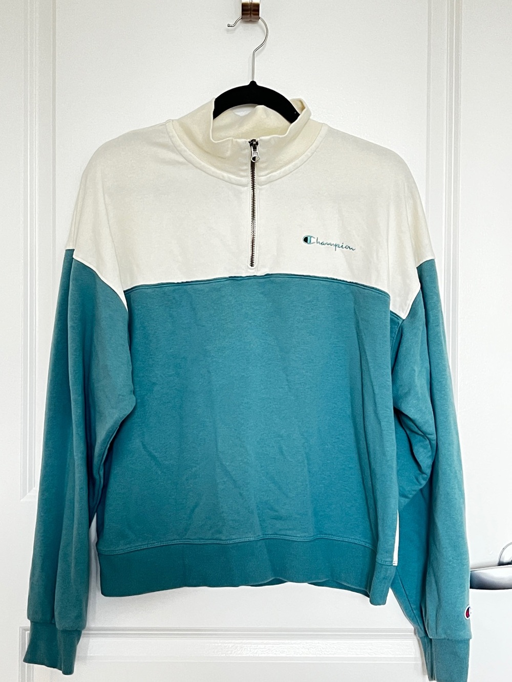 Champion Teal and Cream Half-Zip Pullover Sweater
